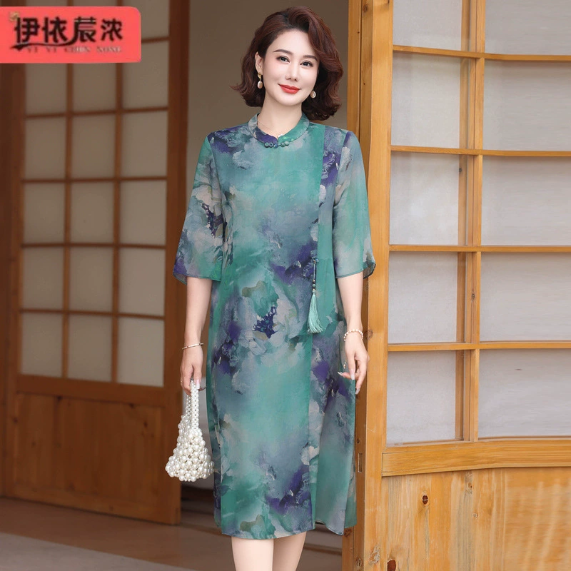 День матери темперамент национальное платье с короткими рукавами в стиле стиль женский летний новый средний и пожилой маме платье не легко