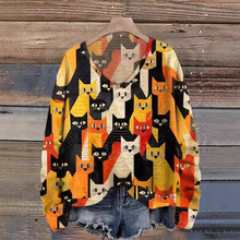 跨境热卖大码女装秋冬V领动物图案宽松针织衫女猫慵懒风毛衣长袖