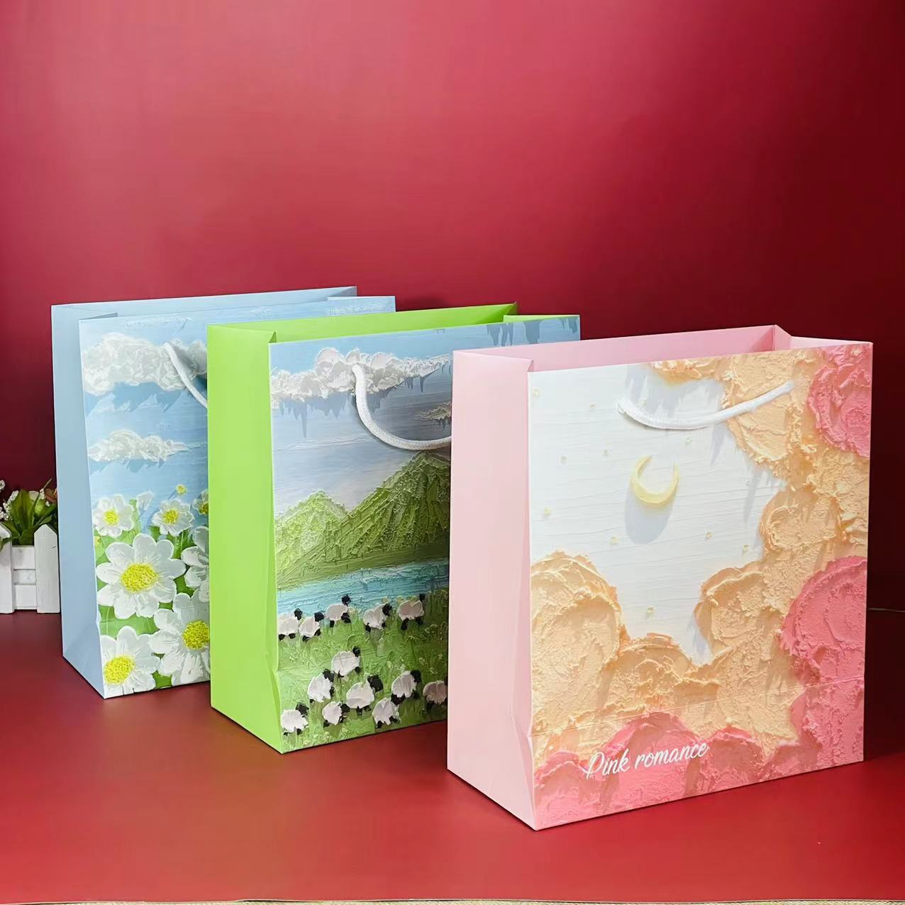 Bolsa de regalo de estilo de pintura al óleo, bolsa de regalo de temporada de graduación, bolsa de regalo de alta calidad, bolsa de papel, bolsa de embalaje de regalo