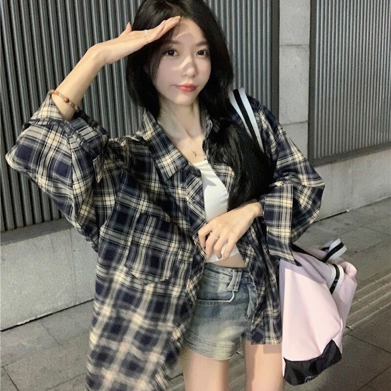 Plus-Size Loose Retro French-Style Layered Plaid Bf Long-Sleeve Plaid Shirt 2026 New Sun-Protective Versatile Thin Jacket