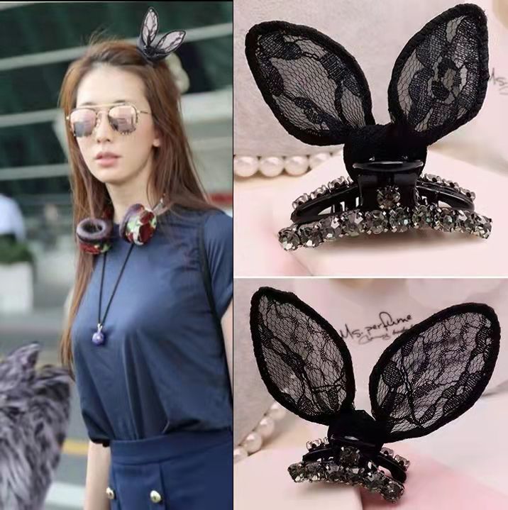 抖音蕾絲兔耳朵抓夾發(fā)夾女氣質(zhì)水鉆發(fā)卡網(wǎng)紅頂夾劉海邊夾發(fā)飾批發(fā)