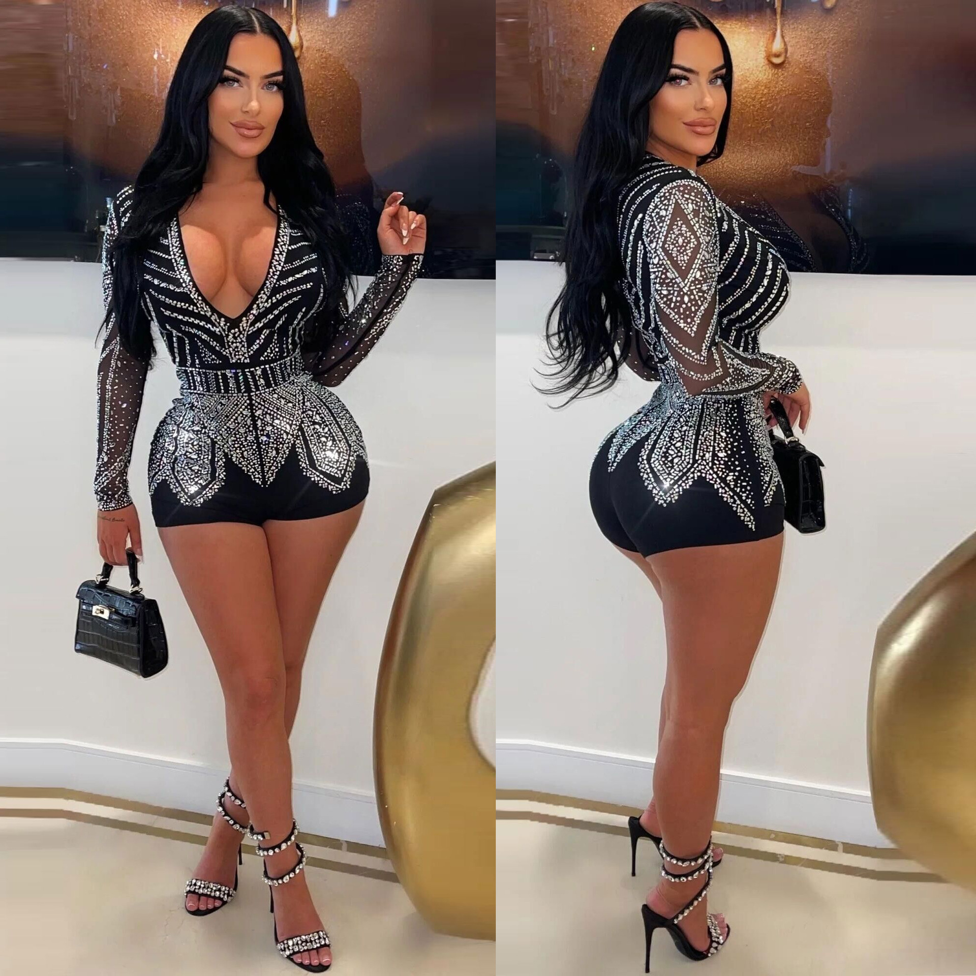 Tuta bodycon sexy con scollo a v profondo e strass da sera_voghion.com