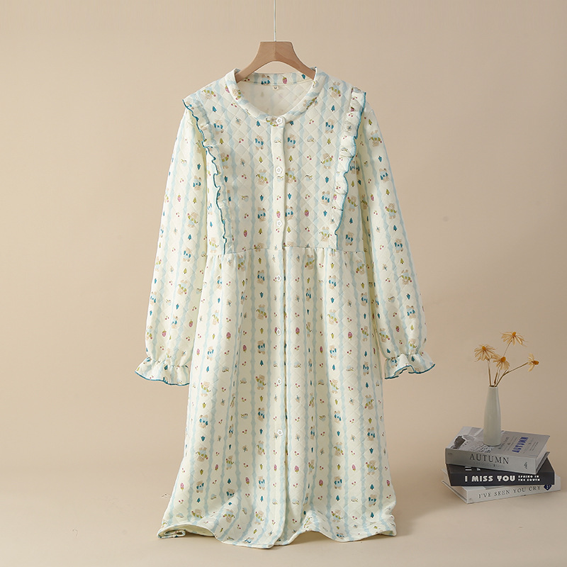 秋冬の女性の純綿の3層の空気綿の中間層の長袖のパジャマの冬の綿の保温の甘い家庭服の月子服