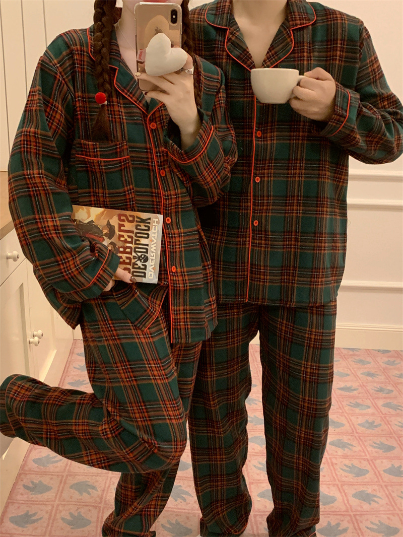 韩国秋冬新款圣诞磨毛格子情侣同款睡衣长袖宽松休闲家居服套装女