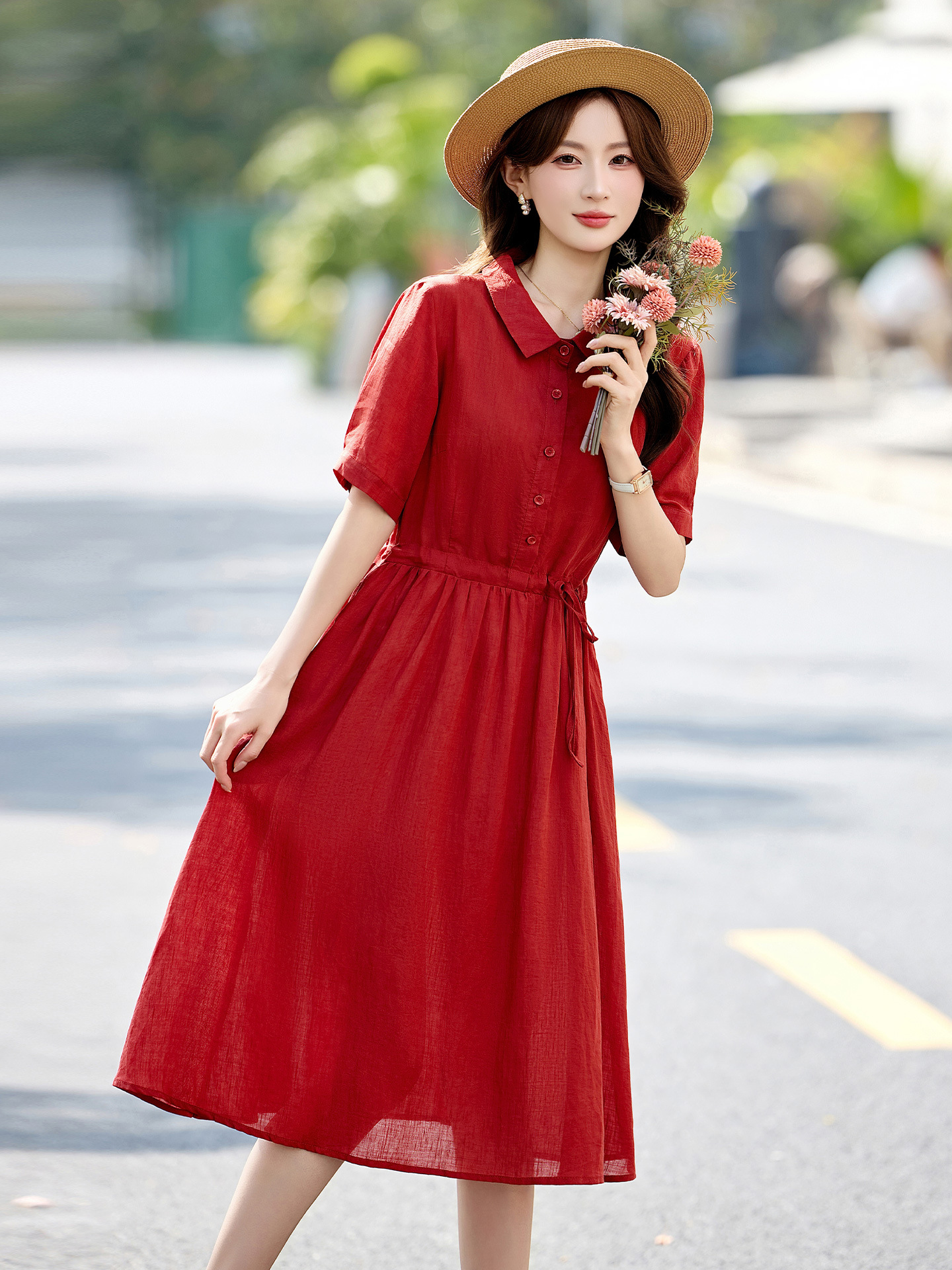 Đầm suông nữ midi dây rút eo cổ điển tay ngắn — Xanh lông mòng đen, màu đỏ