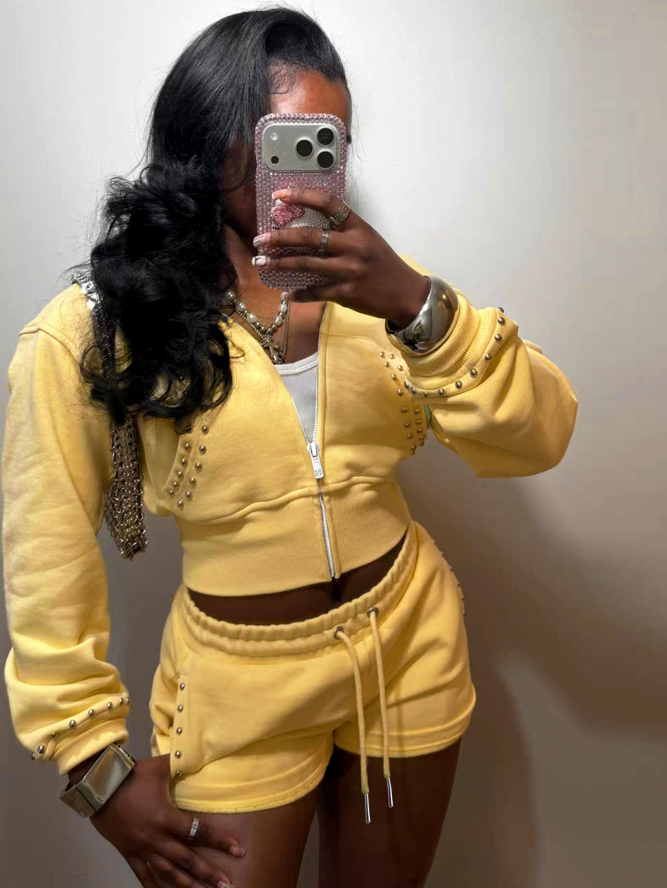 S391631 Cross-Border Women's Clothing Rivet Sportswear Set Yellow Zipper Sweatshirt Jacket Drawstring Shorts Two-Piece Set
