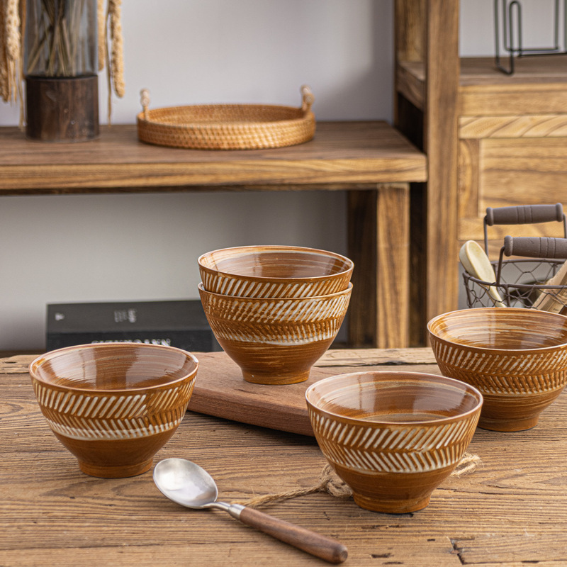 Rustic Pottery Tableware, Vintage Style Underglaze Color Hand-Painted Wheat Ear Pattern Rice Bowl, Embossed Bowl, Dessert Bowl, Porridge Bowl, Light Luxury Retro Rustic Pottery Tableware, Vintage Style Underglaze Color Hand-Painted Wheat Ear Pattern Rice Bowl, Embossed Bowl, Dessert Bowl, Porridge Bowl, Light Luxury Retro