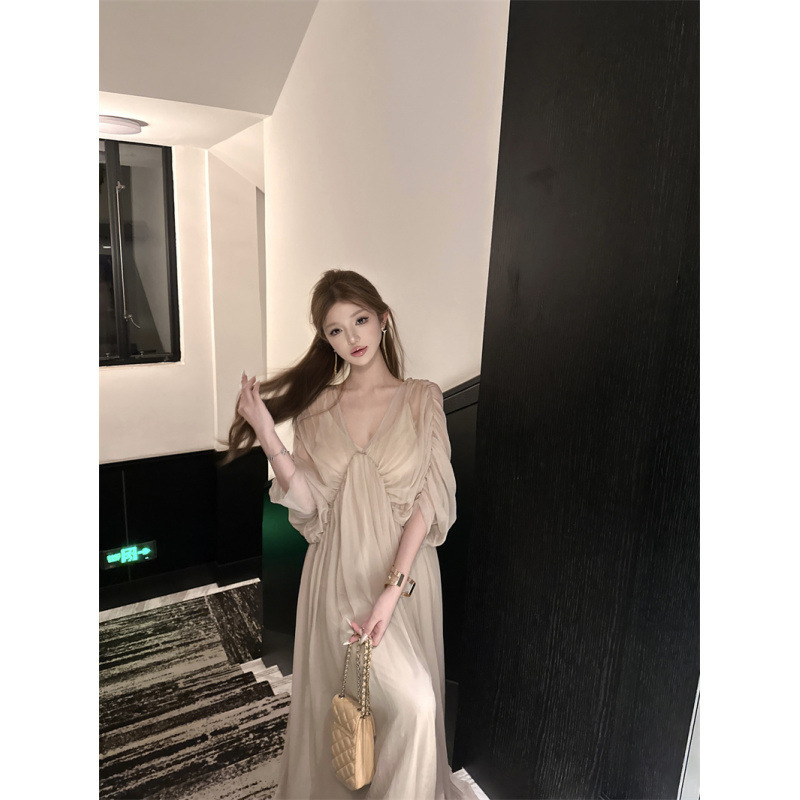 Xin Da Ke "Elvira" French-Style High-End Chiffon Dress for Women, Minimalist V-Neck Slim-Fit Elegant Long Dress