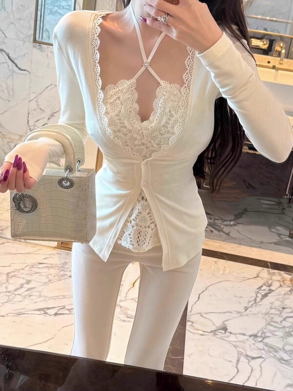 玫瑰吻痕*钻扣设计纯欲千金风挂脖修身内搭吊带套装女|undefined