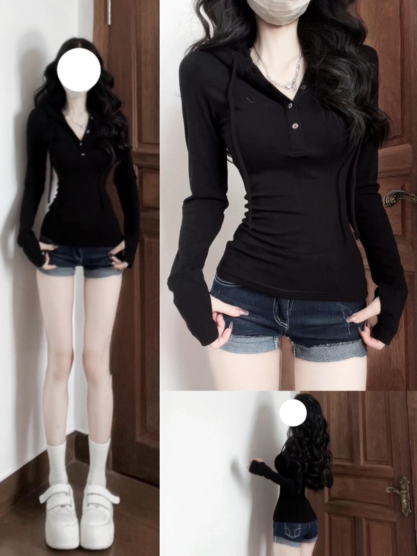 美式辣妹半开V领纽扣连帽长袖t恤女装秋季穿搭修身显瘦打底衫上衣|undefined