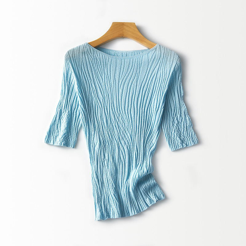 Zhengqite Clothing/Seamless Fine-Spun Wool Tree-Pattern Texture One-Line Collar Mid-Sleeve Knitwear for Women 26 Spring/Summer Zhengqite Clothing/Seamless Fine-Spun Wool Tree-Pattern Texture One-Line Collar Mid-Sleeve Knitwear for Women 26 Spring/Summer