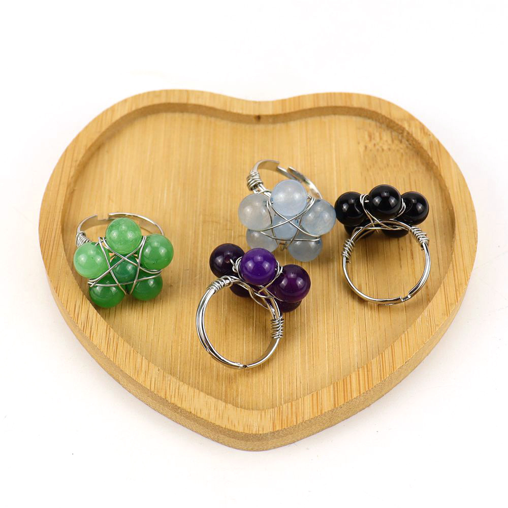 Tiktok New Handmade Winding Natural Crystal Stone Round Beads Flower Ring Adjustable Opening Ring R21 display picture 2