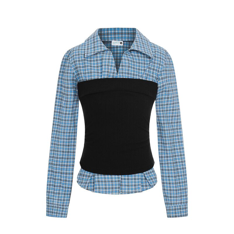 2026 Hot Girl Style Blue Plaid Patchwork Tube Top Shirt for Women Slim Fit Waist-Cinching Long Sleeve Top Sweet Cool Style Versatile for Commuting