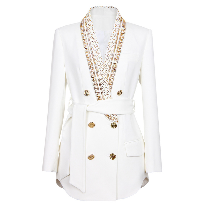 2320 Spring and Autumn Fashion New Style Women's Blazer with Metal Embellishments, Belted, Notched Lapel, Mid-Length, High-Quality