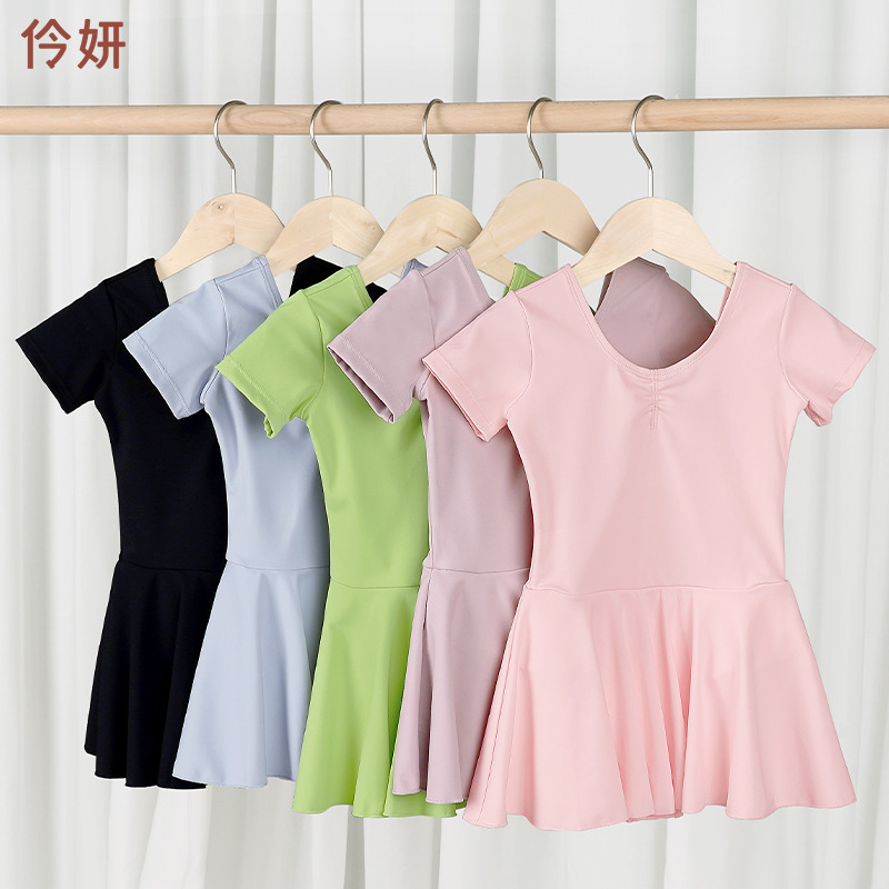 Ropa para niños, ropa de baile de manga corta para niñas de verano, ropa de entrenamiento de baile de todo fósforo de nailon, falda de una pieza de temperamento de alta elasticidad