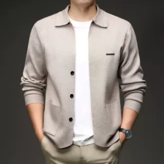 春秋男士针织衫翻领口袋休闲外穿抗起球毛衫时尚爸爸毛衣外套男款