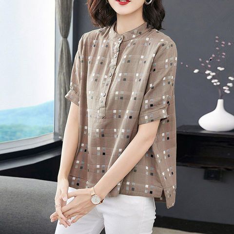 Plus Size Women's Summer New CoTTon Plaid ShirT Mom Fashionable Top ShorT-sleeved STand-up Collar Pure CoTTon T-shirT Women's CloThing Plus Size Women's Summer New CoTTon Plaid ShirT Mom Fashionable Top ShorT-sleeved STand-up Collar Pure CoTTon T-shirT Women's CloThing