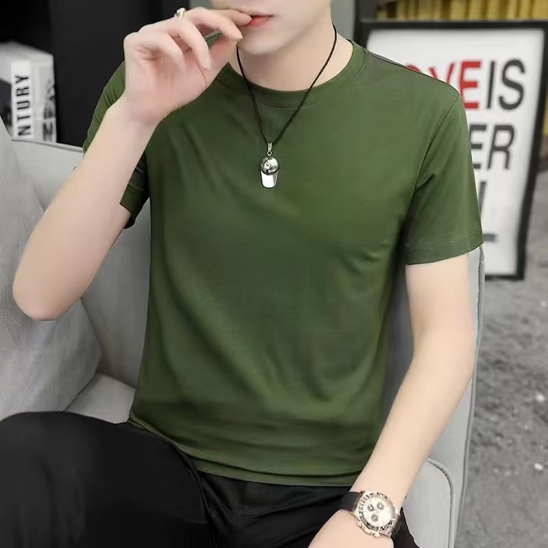 2025 camiseta de color sólido para hombre blanco de manga corta verano estilo coreano básico de todo fósforo tendencia hermosa camiseta corta de cuello redondo