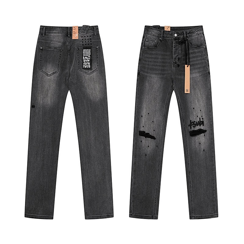 European and American Cross-Border Trendy Brand Ksubi Jeans, Long Pants, Washed and Distressed, with Embroidery, American High Street Style, Slim Fit