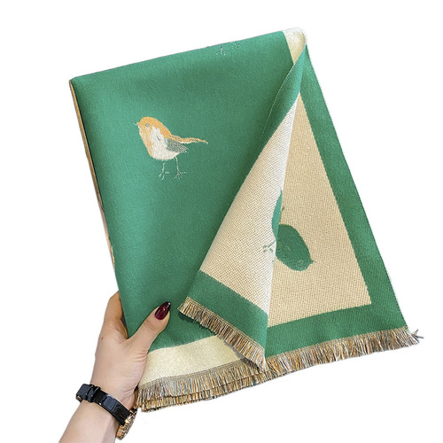 Scarf Women's Winter Green Bird Air-conditioned Room Shawl Extra Thick Warmth Long Style High-end Imitation Cashmere Scarf