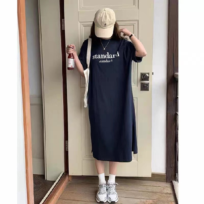 2022 New Casual Short-sleeved Women's Retro Cartoon T-shirt Summer Loose Mid-length Over-the-knee Dress