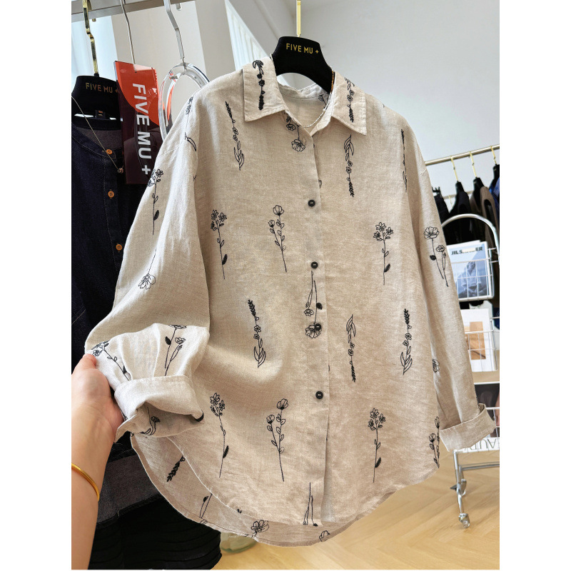 Light Luxury and High-End Feel Cotton-Linen Heavy Embroidery Long-Sleeve Sun-Protective Shirt for Women, Spring Thin Loose-Fitting Stylish Top