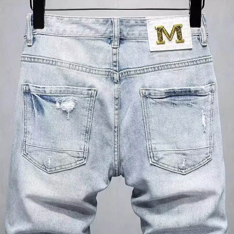 Men's Ripped Denim Shorts Light Blue Cropped Mid-Length New Summer Fashion_mkmklike.com