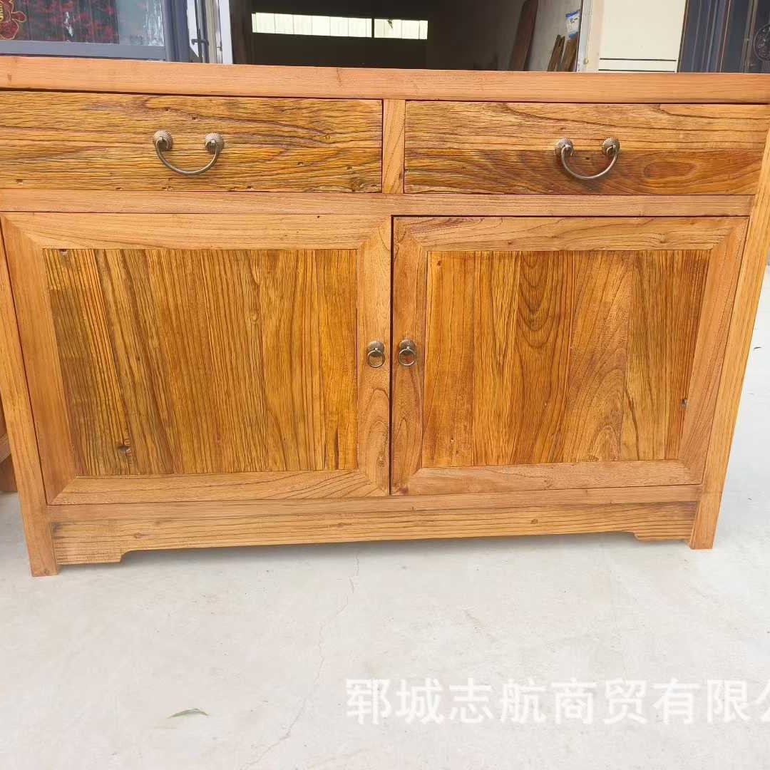 New Chinese Style Old Elm Sideboard Kitchen Solid Wood Tableware Storage Cabinet Living Room Double Door Wall Storage Cabinet with Drawers