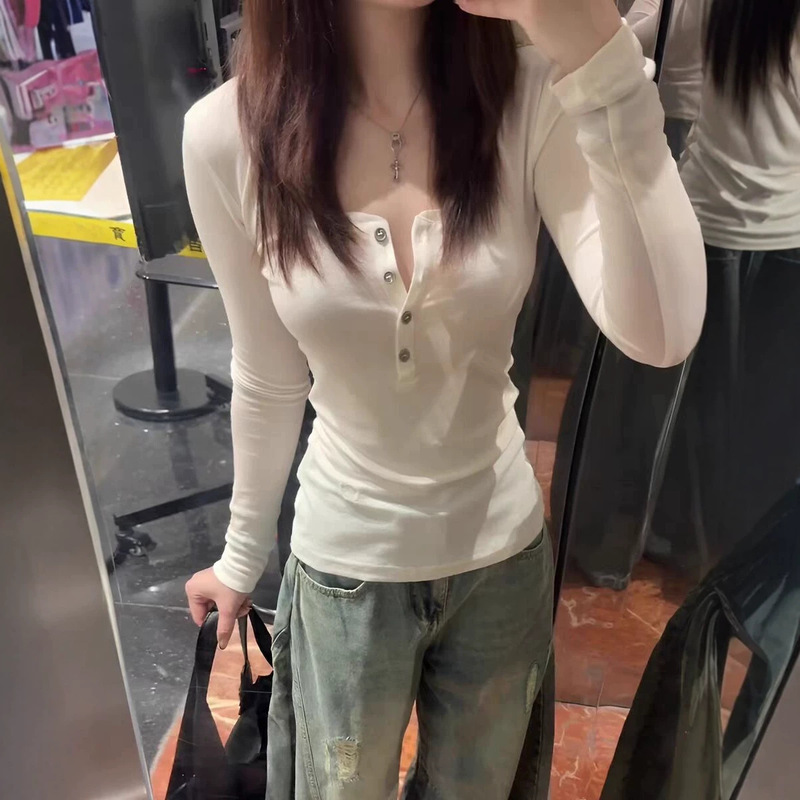 Purely desirable hot girl V-neck bow long-sleeve T-shirt for women, early spring stylish inner wear, slim-fit, versatile base shirt top