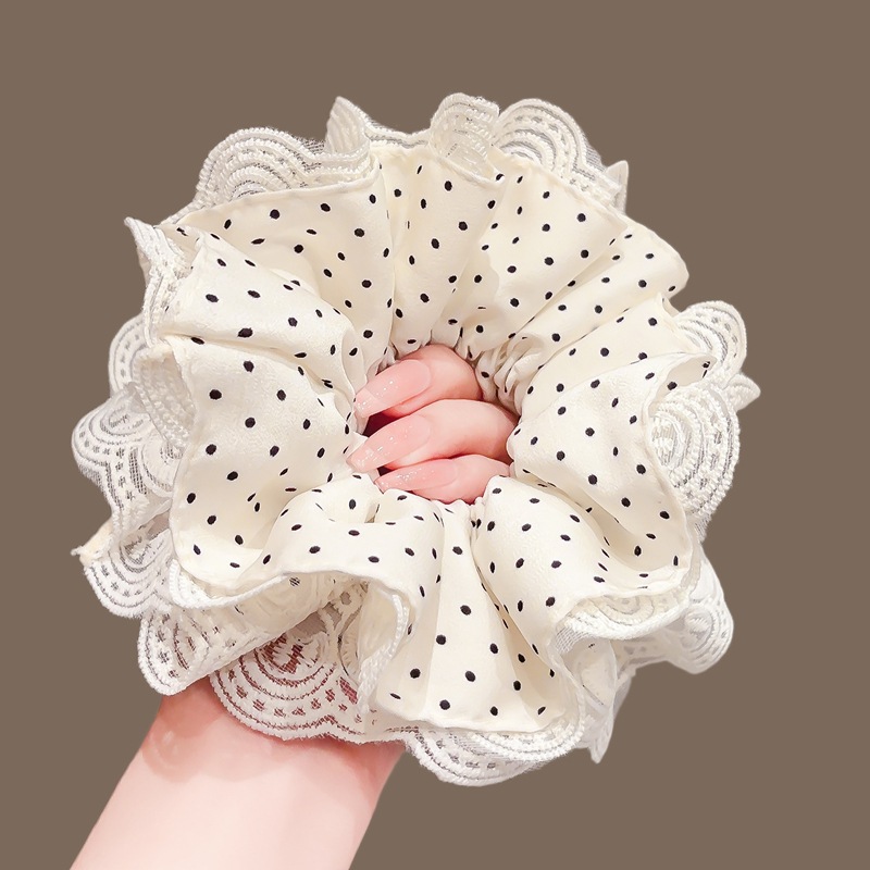 Gentle beige polka dot lace scrunchie, elegant and sophisticated satin hair accessory for girls, high elasticity hair tie