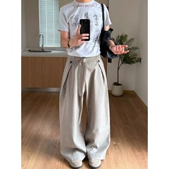 老钱风穿搭a字西裤男款秋新款cleanfit亚麻纹弯刀裤子直筒阔腿裤
