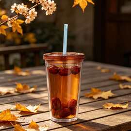 夏季必备双层塑料吸管杯奶茶杯大容量冰饮杯办公随行杯防漏防摔