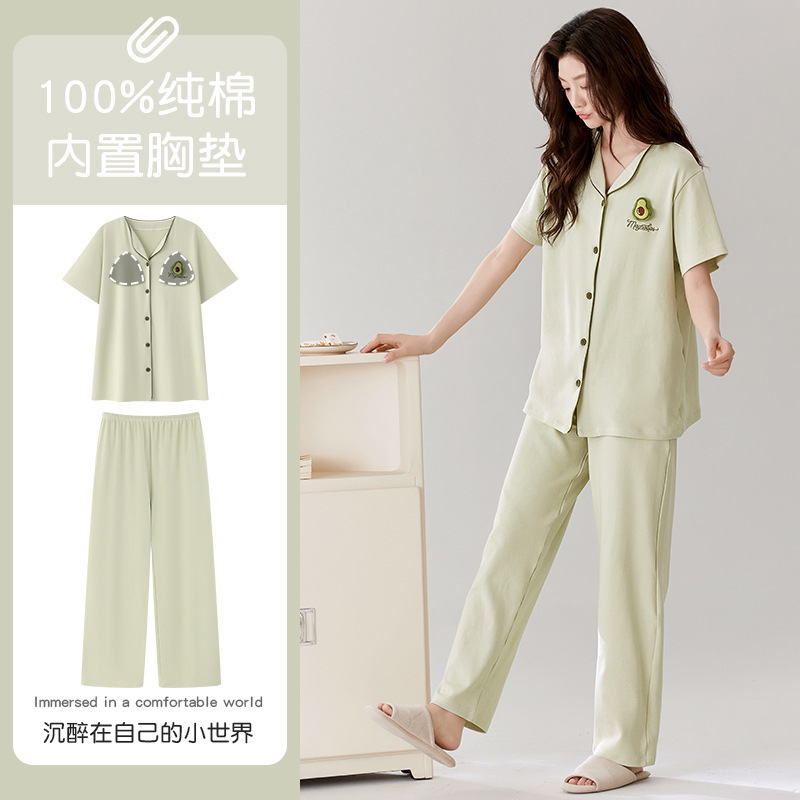 Pure cotton pajamas for summer, short-sleeved, long pants, lightweight, turn-down collar, cardigan style, casual, plus size, all-cotton home wear with chest pads for women