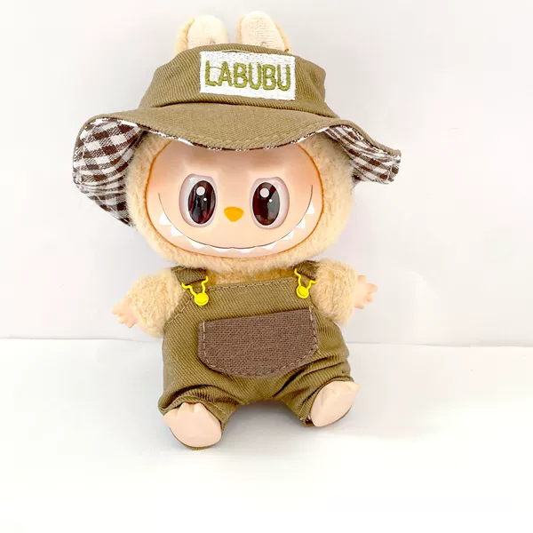 Khaki overall with letters, hat