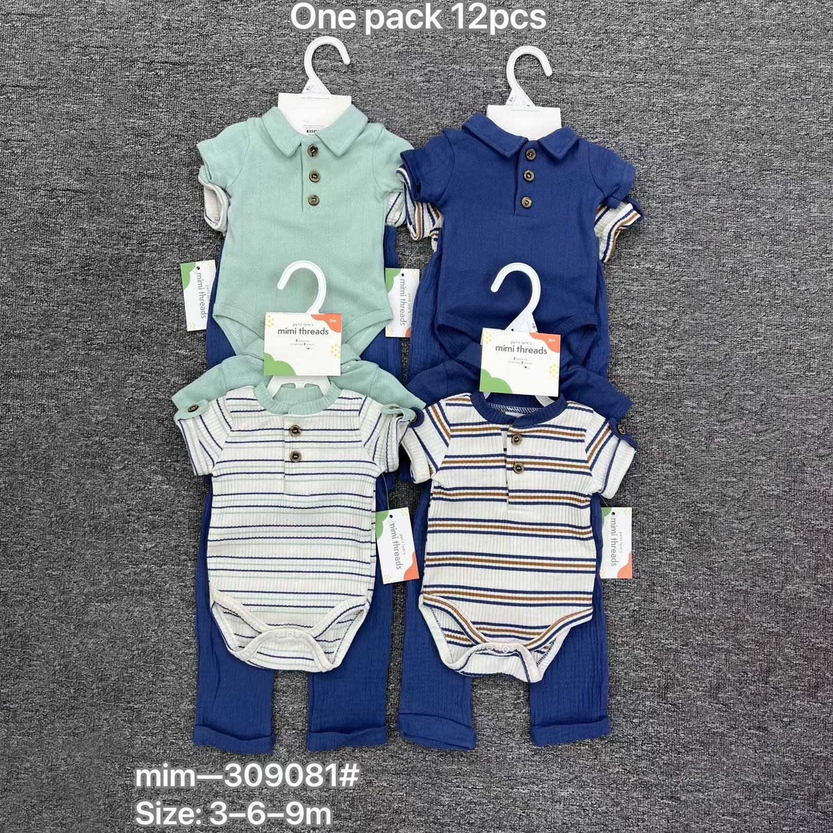 Decal recién nacido hombre tesouro con solapa de manga corta tres piezas conjunto de tela elástica rayada ropa de bebé verano delgada