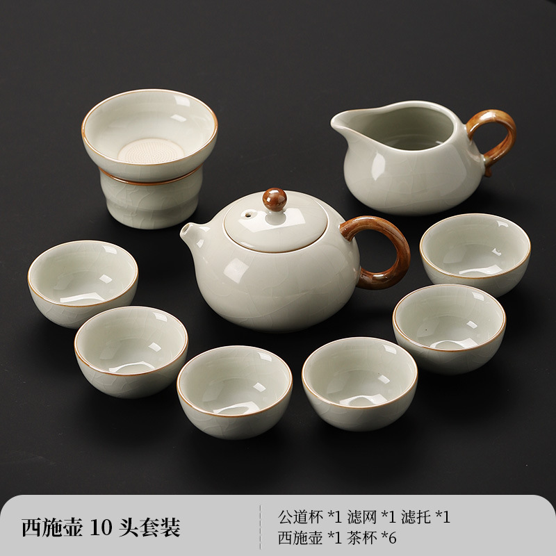 New Ru Kiln Kung Fu Tea Set suit Ceramic Teapot Lid Bowl Tea Cup Tea Tray Light Luxury High-end Household Tea Drinking Chinese Style