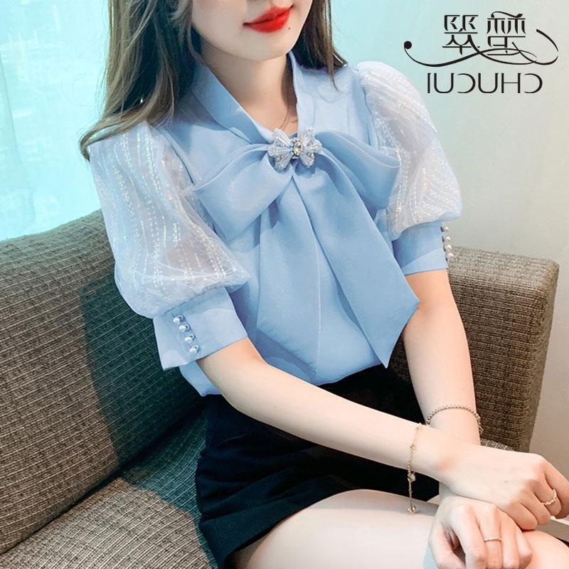 쉬폰 반팔 셔츠 여성용 여름 연령 감소 서양식 작은 셔츠 새 스타일 티셔츠 퍼프 슬리브 탑