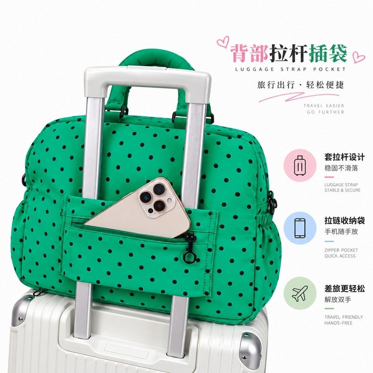 Green Base Black Dot Travel Bag, Large Capacity, Tote and Strap