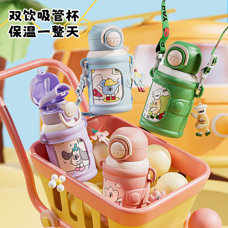 Taza de agua portátil de alto valor facial para niños encantadora bebida doble taza de paja de acero inoxidable resistente a la caída 316 taza de aislamiento de calor para niños