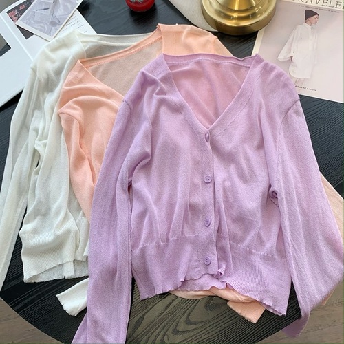 【】2024 new V-neck ice silk knitted cardigan thin long-sleeved sun protection air-conditioning blouse