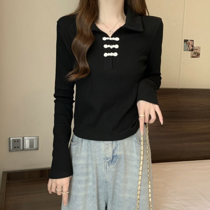 初秋の新しい中国風のショートカラー長袖シャツ女性用、ナショナルスタイルのボタン付き、甘い痩身黒トップ女性用|undefined