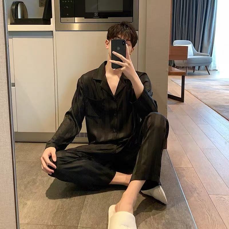 Men's Ice Silk Pajamas Spring and Autum Long-Sleeved Thin Student Simple Couple Style Home Clothes Men Can Wear Outside the Suit