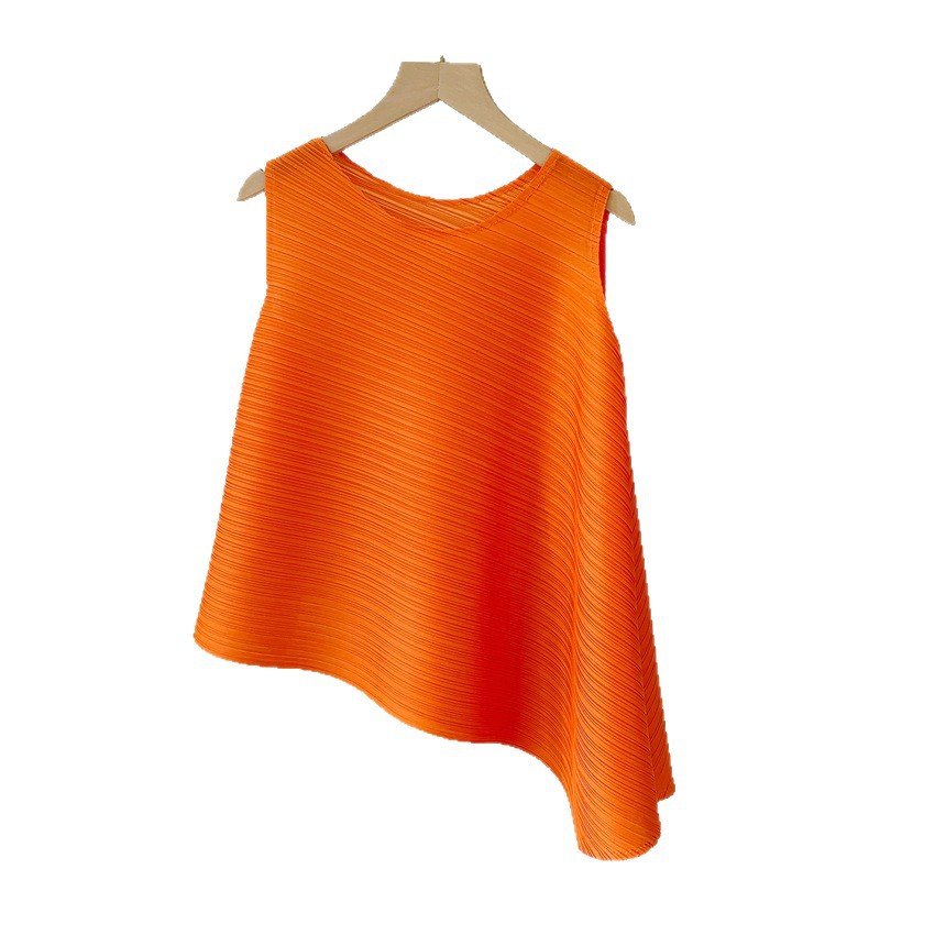 三宅流プリーツトップス レディース イレギュラーTシャツ ラウンドネック ノースリーブ ニッチ 快適 カジュアル ファッション 多用途