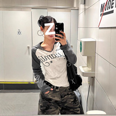 美式复古字母印花连帽修身长袖T恤女2025早秋季废土风新款薄上衣