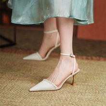 超顯瘦2022夏新款珍珠顯白尖頭細跟女鞋高跟鞋法式涼鞋歐美辦公室
