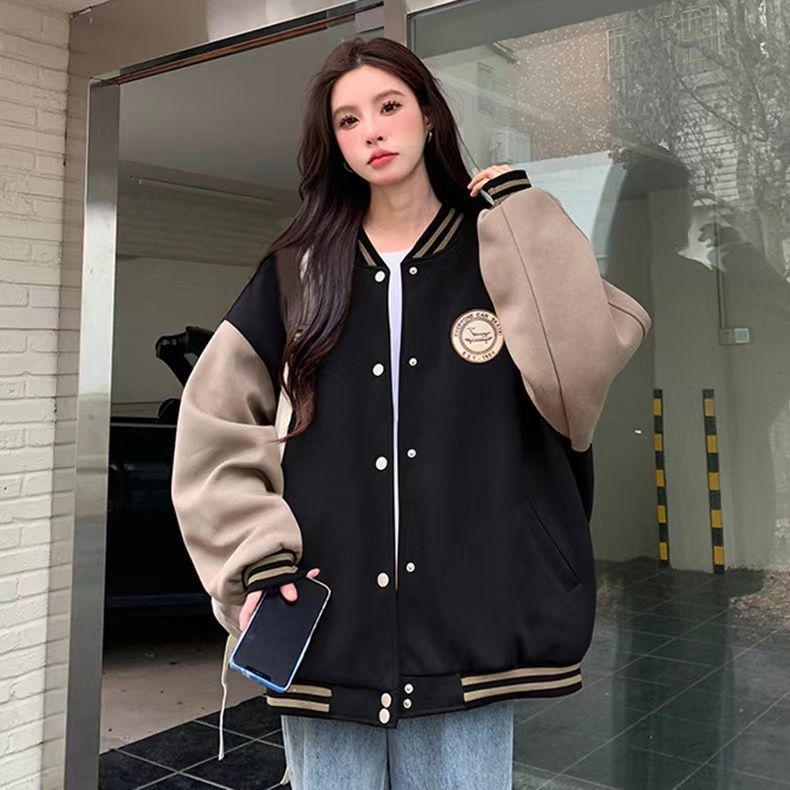 慵懒风棒球服外套女秋冬新款韩版加绒加厚复古宽松休闲卫衣ins潮|undefined