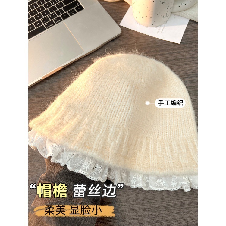 蕾丝花边渔夫帽女秋冬季保暖护耳盆帽时尚韩系显脸小针织毛线帽子|undefined