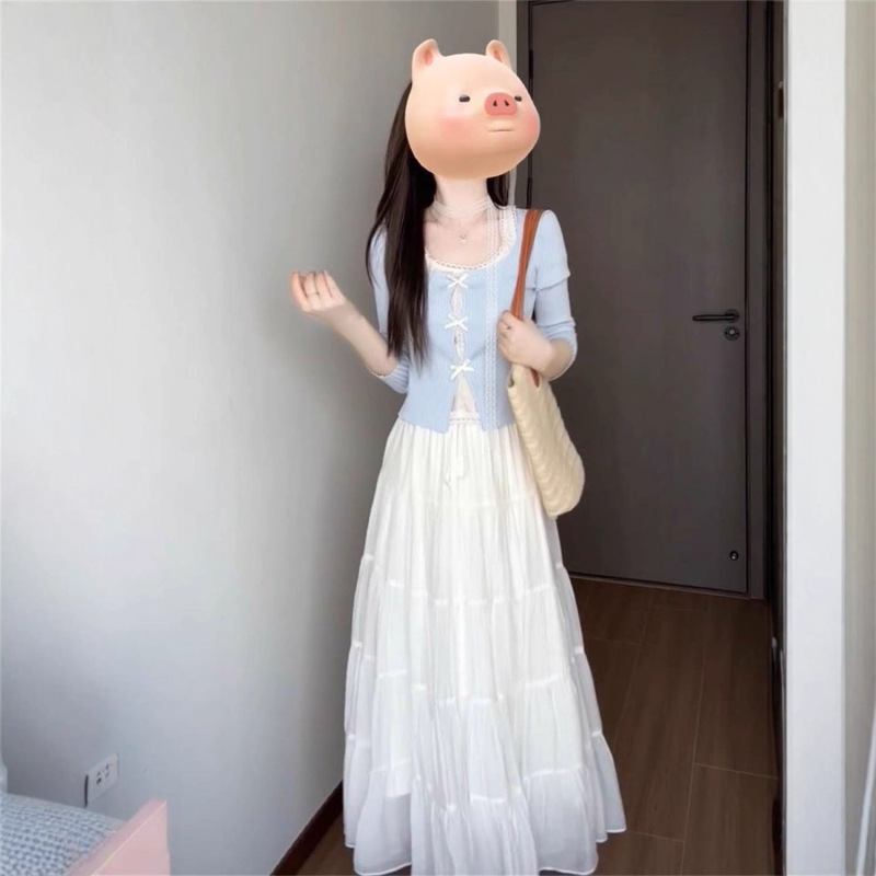 秋季一整套度假风超仙显瘦女学生半身裙+韩系减龄拼接假两件上衣|undefined