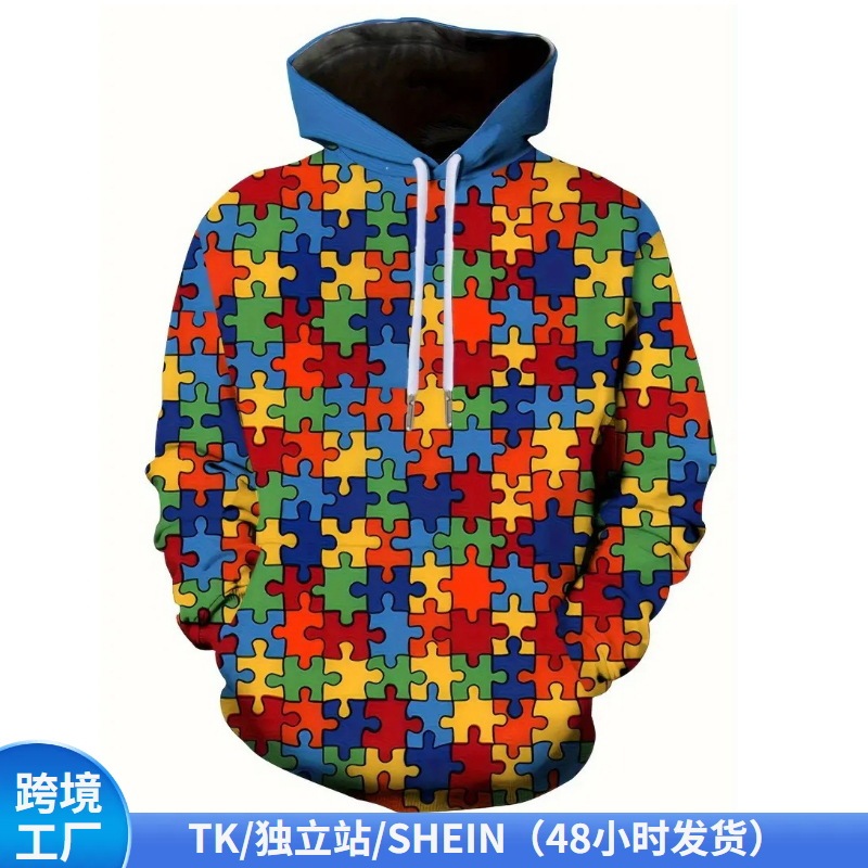 3D Digital Printed Sweatshirt with Creative Block Design, Three-Dimensional Hoodie, Cross-Border American-Style Pullover Hoodie, European and American Clothing 3D Digital Printed Sweatshirt with Creative Block Design, Three-Dimensional Hoodie, Cross-Border American-Style Pullover Hoodie, European and American Clothing