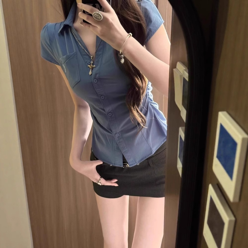 American Preppy Style Blue Short-Sleeved Right Shoulder Shirt for Women Summer 2025 New Sexy Slim Waist Short Top